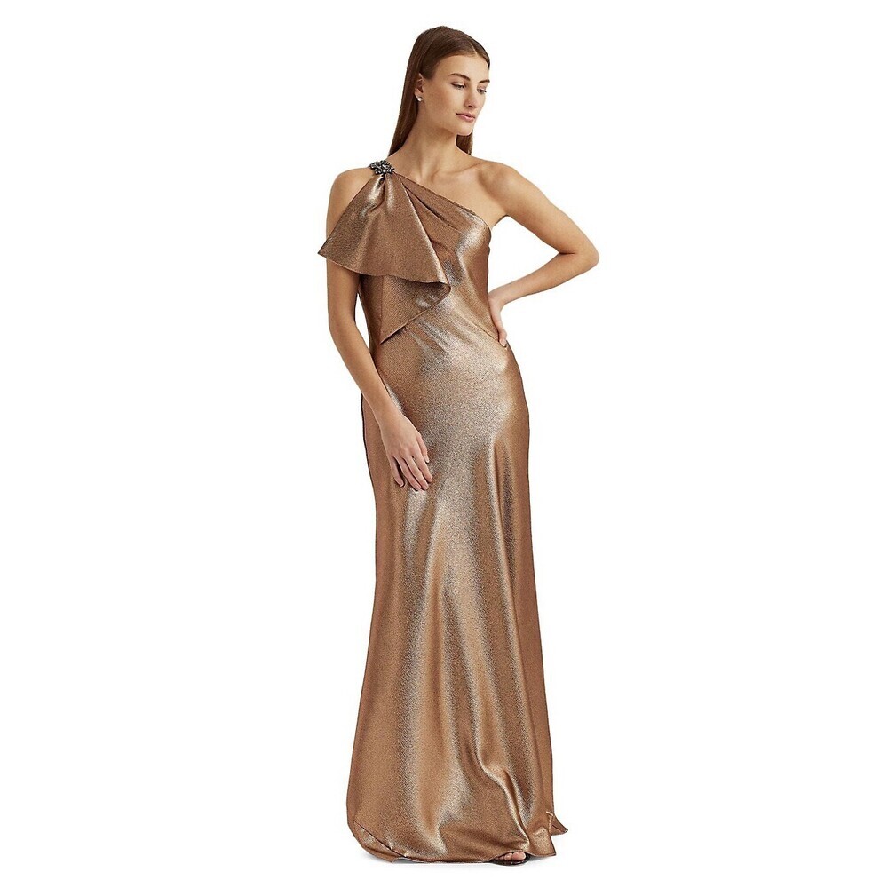 Lauren Ralph Lauren Womens Gold Hammered Satin Evening Dress Gown 14 $365
